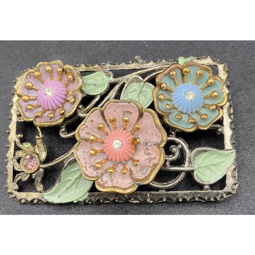 Large Vintage 1930s Czech Cold Enamel Flower Brooch Art Deco 3"